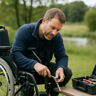 servicepersonale i gang med at renovere en rollator eller kørestol i naturligt lys - AI-genereret Dekorativ - servicepersonale i gang med at renovere en rollator eller kørestol i naturligt lys - AI-genereret